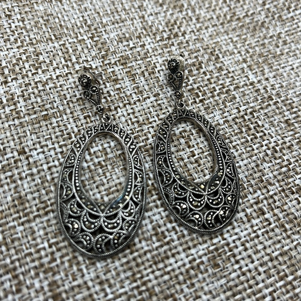 Vintage Suspicion 925 Sterling Silver Marcasite Filigree Drop Earrings - Picture 3 of 11